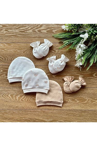 Renkli Puset Organic Set of 6 Newborn Baby Gloves and Hats Rainbow