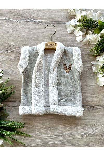 PATSAN Plush Inside Wellsoft Winter Baby Vest Deer Embroidery Gray