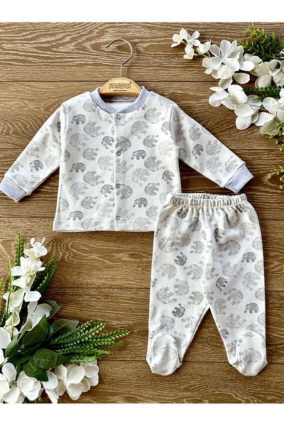 Renkli Puset 2-Piece Combed Cotton Baby Pajama Set with Bottom and Top Booties Elephant Gray