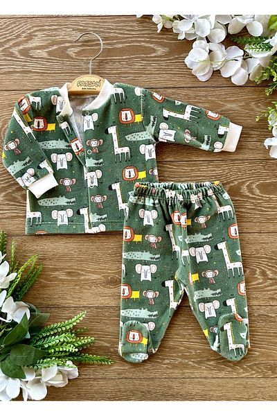 Renkli Puset 2-Piece Velvet Booties Top and Bottom Baby Set Lion Giraffe Elephant Green
