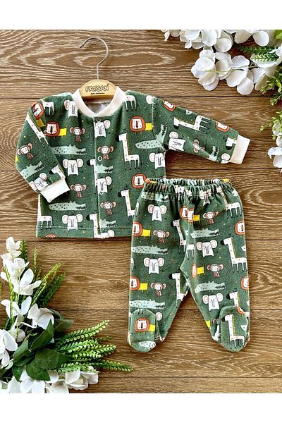Renkli Puset 2-Piece Velvet Booties Top and Bottom Baby Set Lion Giraffe Elephant Green