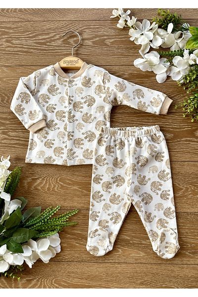 Renkli Puset 2-Piece Combed Cotton Bottom Top Booties Baby Pajama Set Elephant Brown