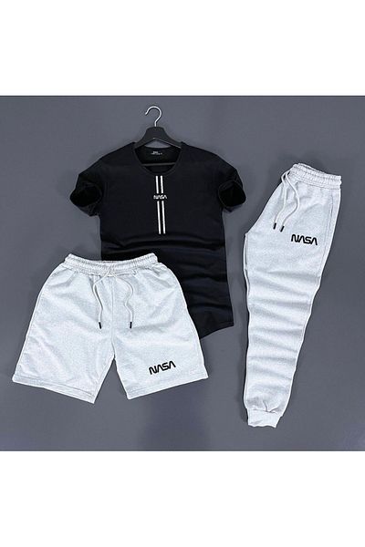 deep & qaiser Nasa Line Printed Black-gray Summer 3-Piece Combination