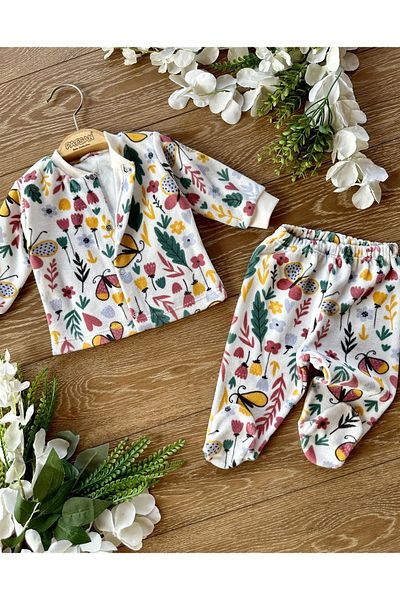 Renkli Puset 2-Piece Winter Seasonal Velvet Booties Bottom Top Baby Girl Suit Flower Butterfly