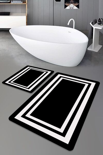 ipekhane Siyah Üzeri Beyaz Çizgili Modern Yıkanabilir 2'li Banyo Halısı Paspa...