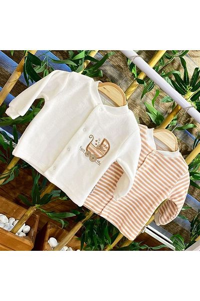 Renkli Puset 2-Piece Velvet Newborn Baby Cardigan Set Striped