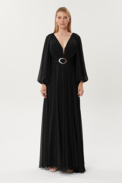 HaHelin Belden Kemer   Detaylı Şifon Uzun Abiye Elbise