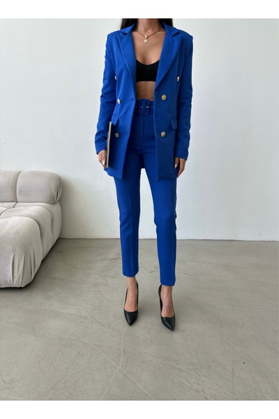 Female Clothing Saks Mavi Düğmeli Blazer Ceket Esnek Pantolon Kadın Takım Elbise