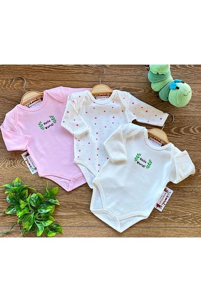 Renkli Puset 3-Piece Combed Cotton Baby Long Sleeve Bodysuit Set Pink Brown