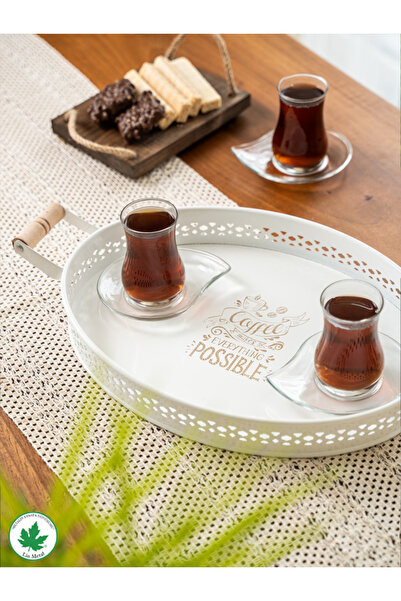 LİNMETAL Tulipa Ahşap Kulplu Desenli Oval Metal Servis Tepsisi 37cm, Kahve Te...