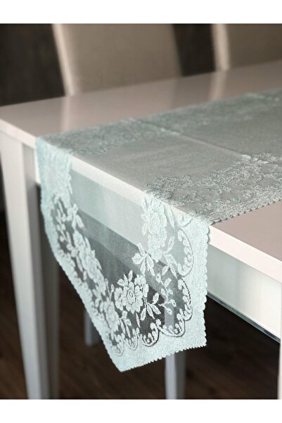 WENESSİ Güllü Desen Kdk Örme Tül Runner Örtüsü 40x140 (SU YEŞİLİ)
