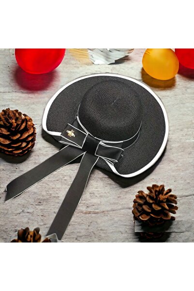 Shopiolog Uzun Şeritli Papyon Desenli  Örgü Hasır Şapka