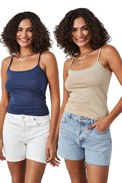 minaaise İndigo Bej 2'li İnce İp Askılı Pamuklu Basic Atlet 27274