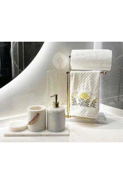 ege gross White Marble Bathroom Set-5 Pieces Gold Leaf Detailed Towel Holder