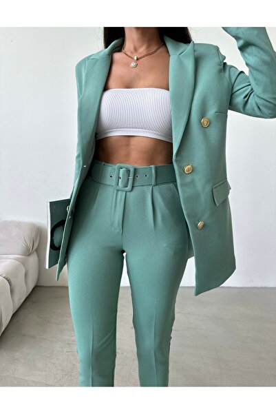 Female Clothing Mint Yeşil Düğmeli Blazer Ceket Esnek Pantolon Kadın Takım El...