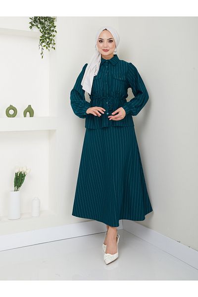 VOLT CLOTHİNG Striped Shirt Collar and Waist Gathered Skirt Women's Set