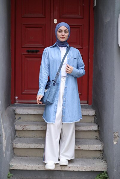 ESRA KEKÜLLÜOĞLU Kadın Denim Püsküllü Tunik-Açık Mavi