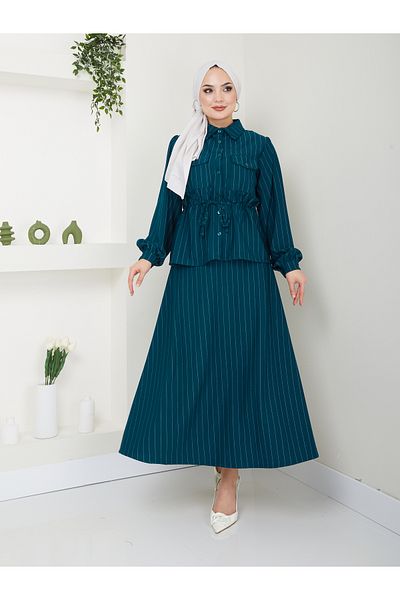 VOLT CLOTHİNG Striped Shirt Collar and Waist Gathered Skirt Women's Set
