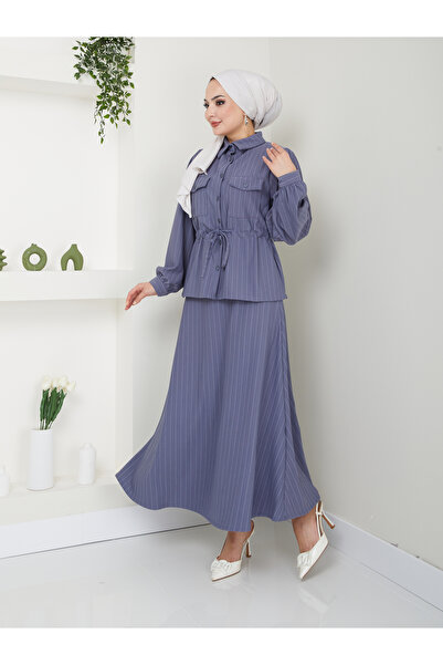 VOLT CLOTHİNG Striped Shirt Collar and Waist Gathered Skirt Women's Set