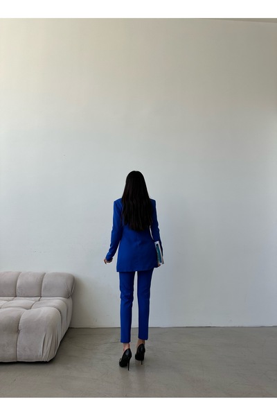 Female Clothing Saks Mavi Düğmeli Blazer Ceket Esnek Pantolon Kadın Takım Elbise