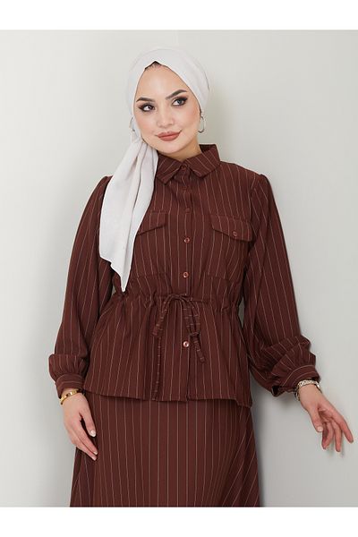 VOLT CLOTHİNG Striped Shirt Collar and Waist Gathered Skirt Women's Set