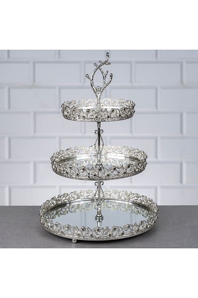 Hinora Diamond Stone 3 Tier Round Cookie Holder Mirrored Metal Presentation Tray Catering Silver