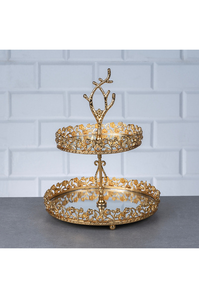 Hinora Suport rotund pentru prăjituri cu 2 niveluri, cu diamante, metal cu og...