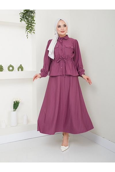 VOLT CLOTHİNG Set de damă cu guler cămașă în dungi și fustă adunată în talie