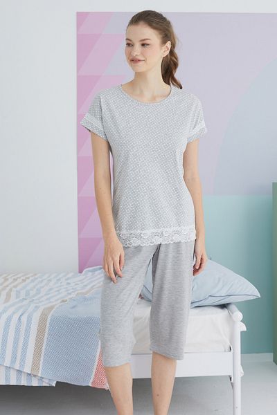 Siyah İnci Knitted Gray Capri Set
