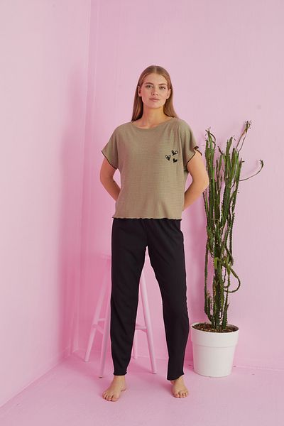 Siyah İnci Green Knitted Crinkle Pajama Set