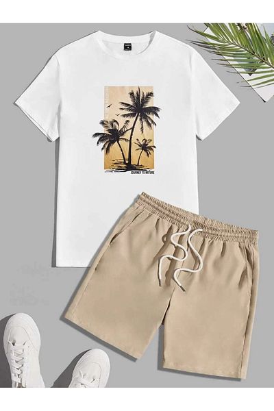 Hunors Sportswear & Company Ανδρικό σετ σορτς μπλουζάκι με κοντό μανίκι σε λευκό μπεζ Oversize Chillmode με στάμπα με λαιμόκοψη