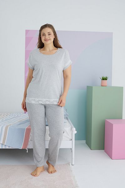Siyah İnci Large Size Gray Curve Cotton Knitted Pajama Set - King Size