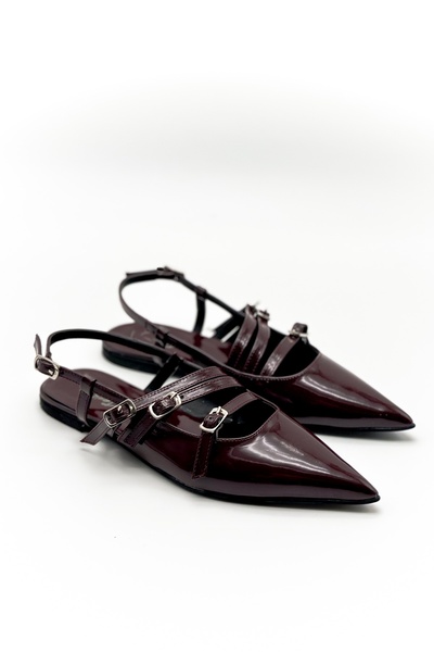 Shoebutik Claret Red Patent Leather Dalian Ballerinas - Three-Strapped and Buckle Detailed