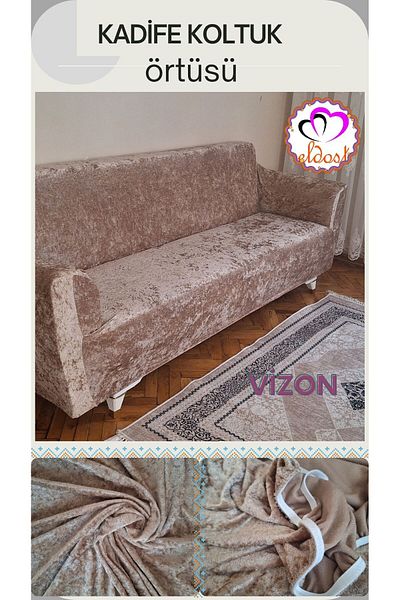 Eldost Ticaret Кадифен диван Eldost - Диван за трима и калъф за разтегателен диван (1 брой)