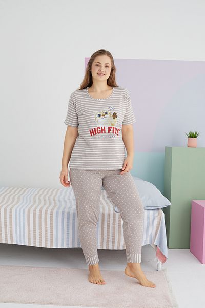 Siyah İnci Large Size Oversize Cotton Knitted Pajamas Set - Multicolor Curve
