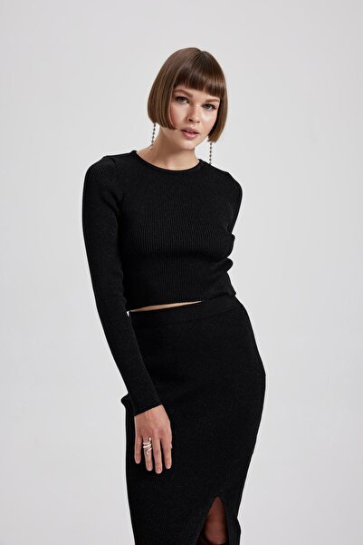 DeFacto Crop Bisiklet Yaka Simli Kumaş Triko Kazak B6323ax23au