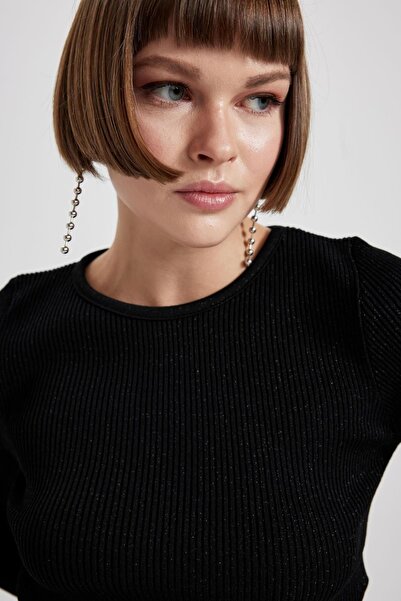 DeFacto Crop Bisiklet Yaka Simli Kumaş Triko Kazak B6323ax23au