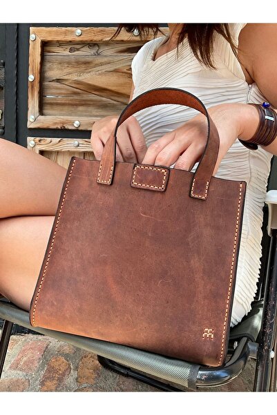 Tuvita Collection Bodrum %100 Hakiki Deri El Yapımı Kadın Kızıl Kahverengil K...