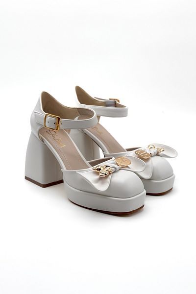 Shoebutik White Leather Buckle Sky Platform Women's Shoes