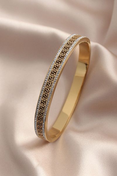 Moka Shopin Gold Colored Steel Motif Zircon Stone Women's Bracelet