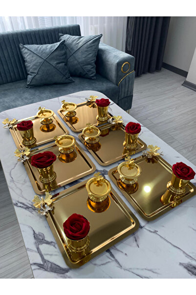 Aslı Hediyelik 3 FARKLI MODEL GOLD 6'LI ÇELİK KARE SUNUM TEPSİSİ GOLD GÜL KOVASI(GÜLLÜ) KELEBEKLİ MAKARONLUK