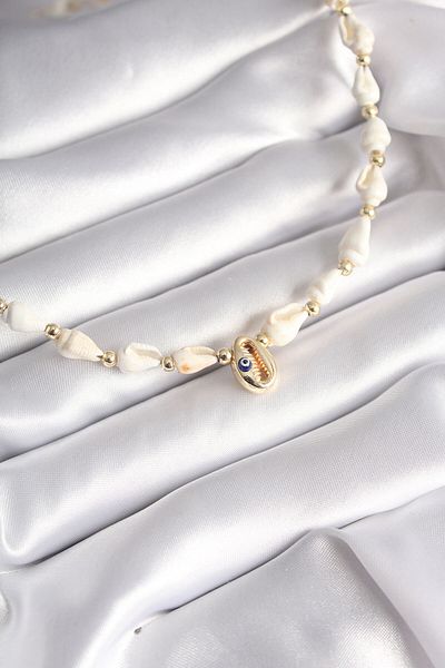 Moka Shopin Sea Shell Model - White, Women's Necklace, Evil Eye Bead Detail