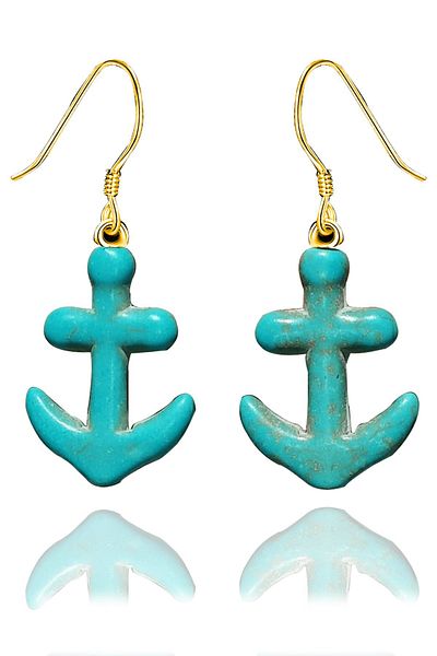 Tesbih Atölyesi Gold Anchor Model - Real Turquoise and Turquoise Stone Earrings