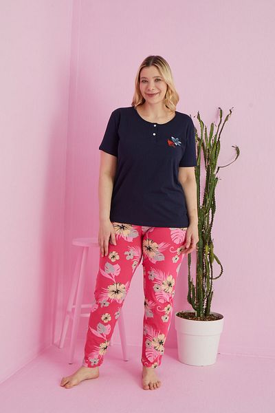 Siyah İnci Πολύχρωμο Σετ Πιτζάμες Curve Plus Size Oversize Βαμβακερές πλεκτές πιτζάμες