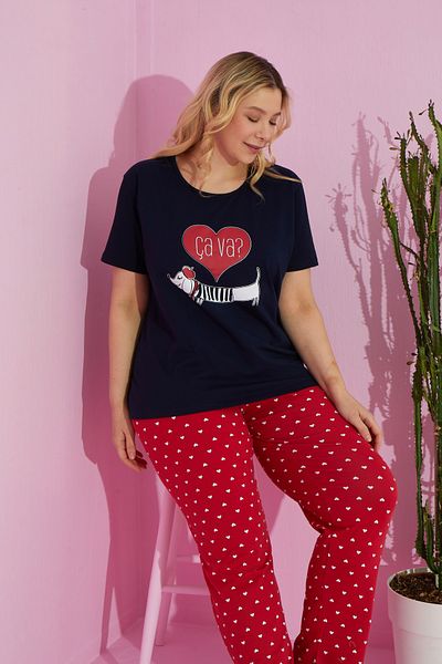 Siyah İnci Large Size Oversize Cotton Knitted Pajamas Set - Multicolor Curve