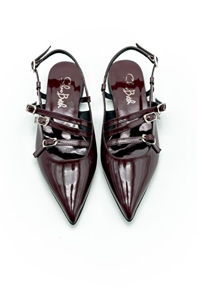 Shoebutik Claret Red Patent Leather Dalian Ballerinas - Three-Strapped and Buckle Detailed