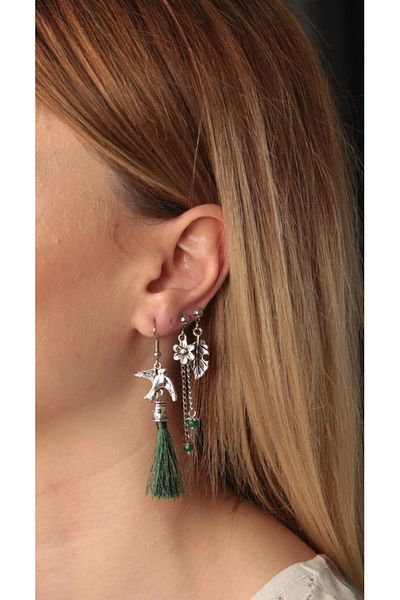 AKIN AKSESUAR HEDİYELİK 3-Piece Tasseled Authentic Bird - Leaf Flower Figured Earrings