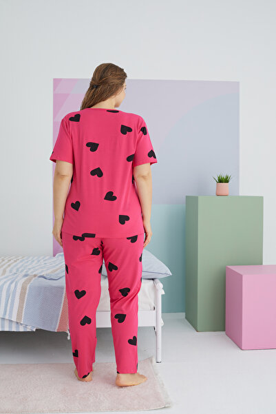 Siyah İnci Large Size Oversize Cotton Knitted Pajamas Set - Multicolor Curve