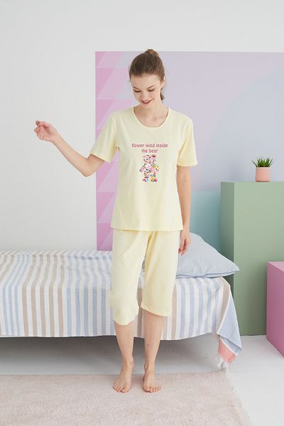 Siyah İnci Cotton Yellow Knitted Capri Set