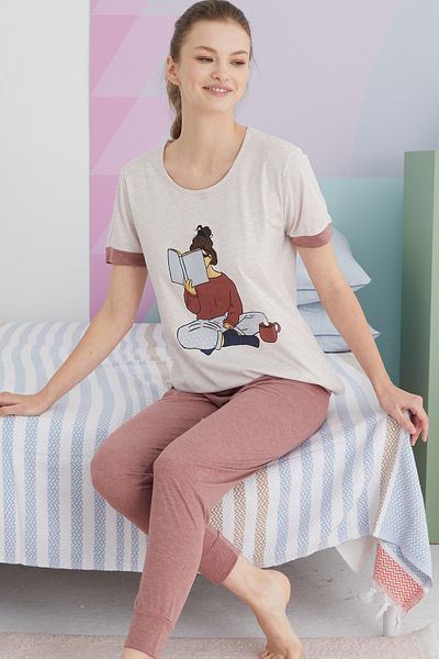 Siyah İnci Beige and Melange Colored Knitted Pajama Set
